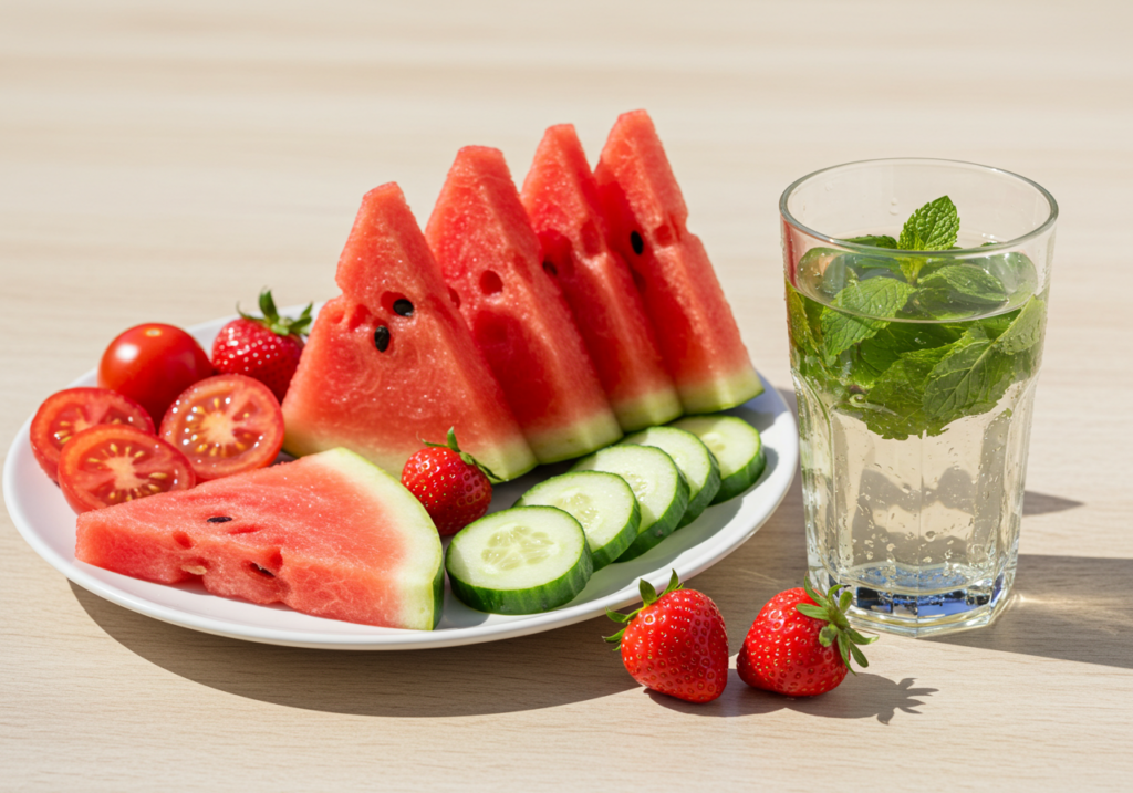 Anguria, cetriolo, pomodori e acqua con menta su tavolo luminoso: alimenti idratanti d'estate