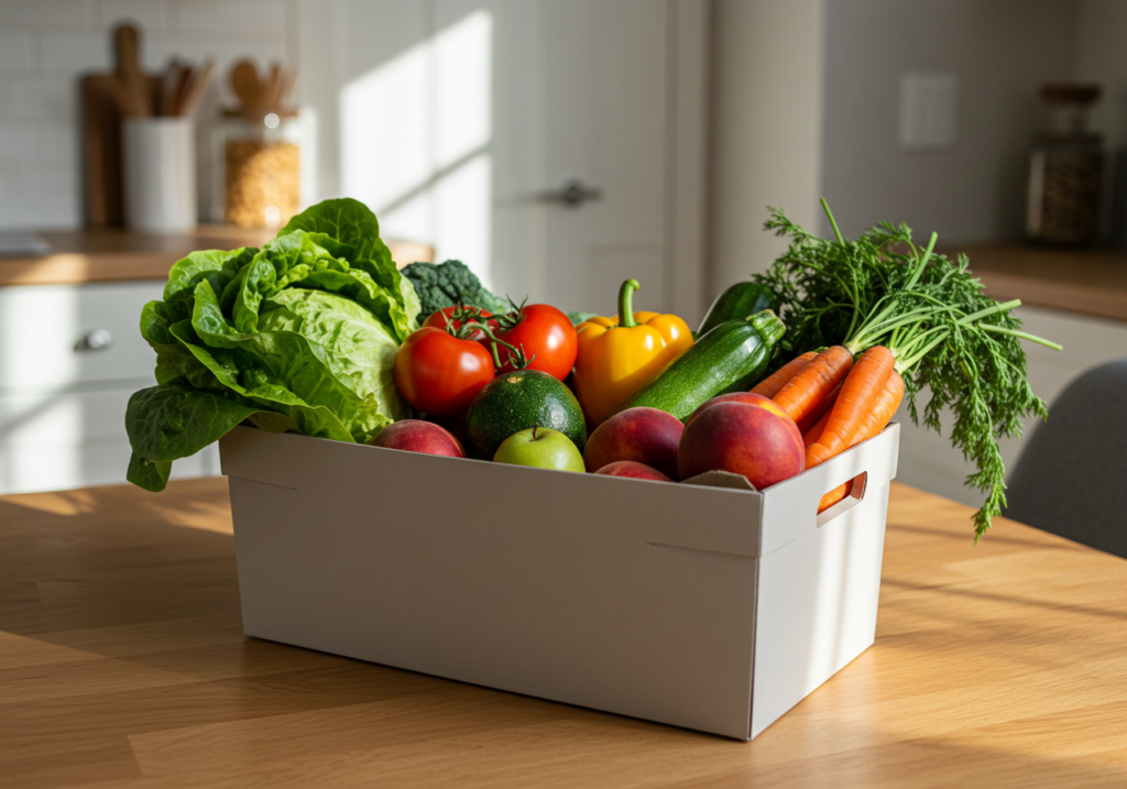 Box settimanale di frutta e verdura fresca su tavolo di casa con luce naturale