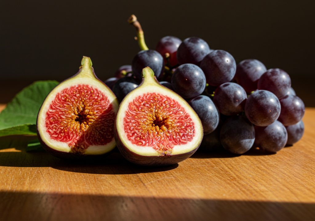 Fichi freschi tagliati a metà e grappolo di uva scura su tavolo di legno, frutta di fine estate