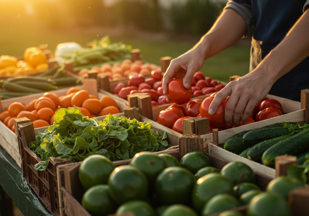 Selezione all'alba al mercato di frutta e verdura fresca di filiera corta a Verona