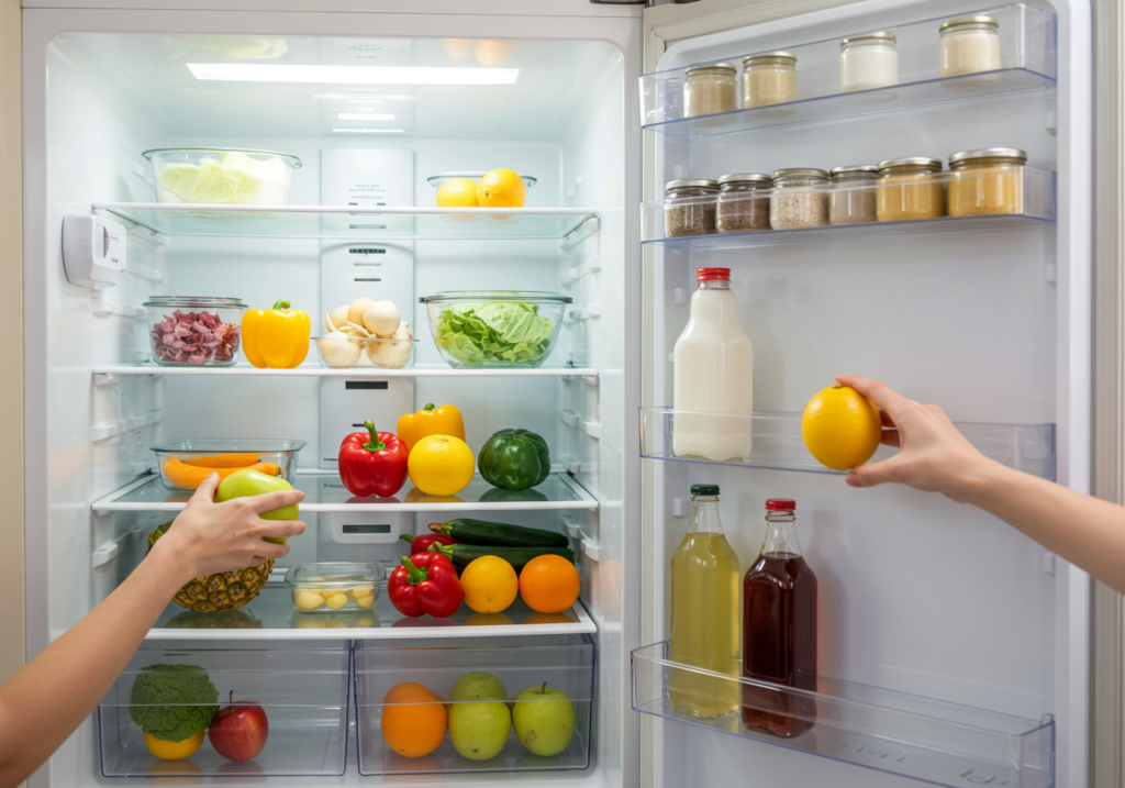 Frigo pulito e rifornito di frutta e verdura fresca dopo le vacanze