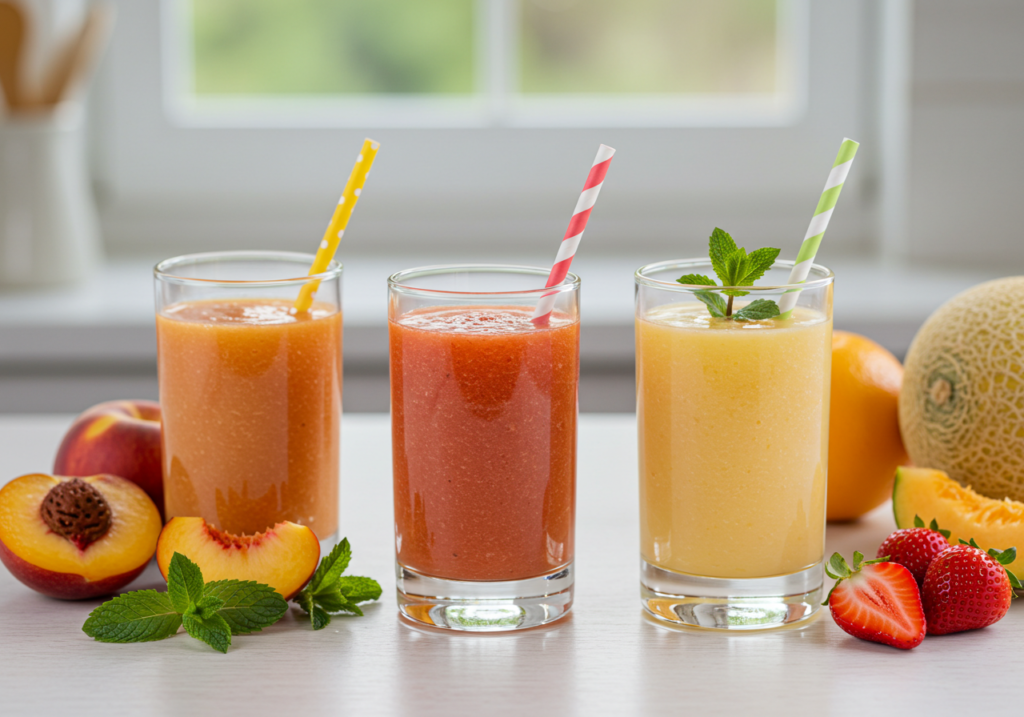 Tre frullati di frutta estivi con pesche, fragole e melone su un piano cucina luminoso