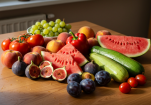 Frutta e verdura di stagione ad agosto su tavolo di legno: pomodori, pesche, anguria, fichi e zucchine