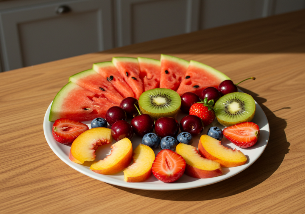Piatto colorato di frutta estiva per bambini con anguria, ciliegie e frutti di bosco