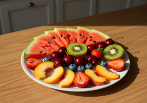 Piatto colorato di frutta estiva per bambini con anguria, ciliegie e frutti di bosco