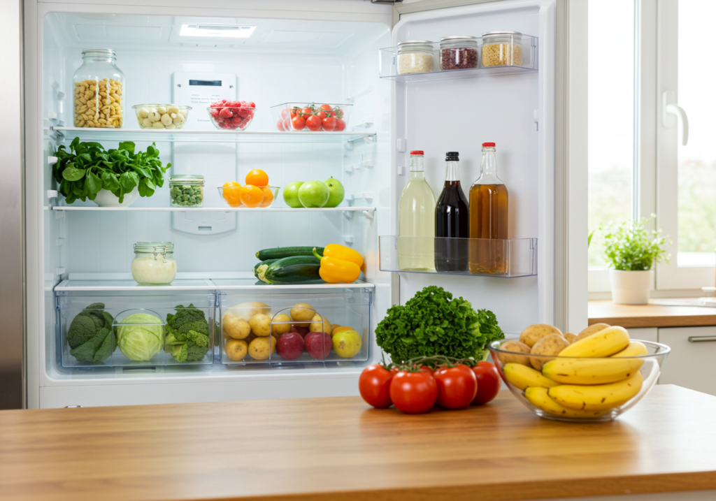 Frigorifero aperto con frutta e verdura fresca e alcuni ortaggi lasciati sul piano di lavoro