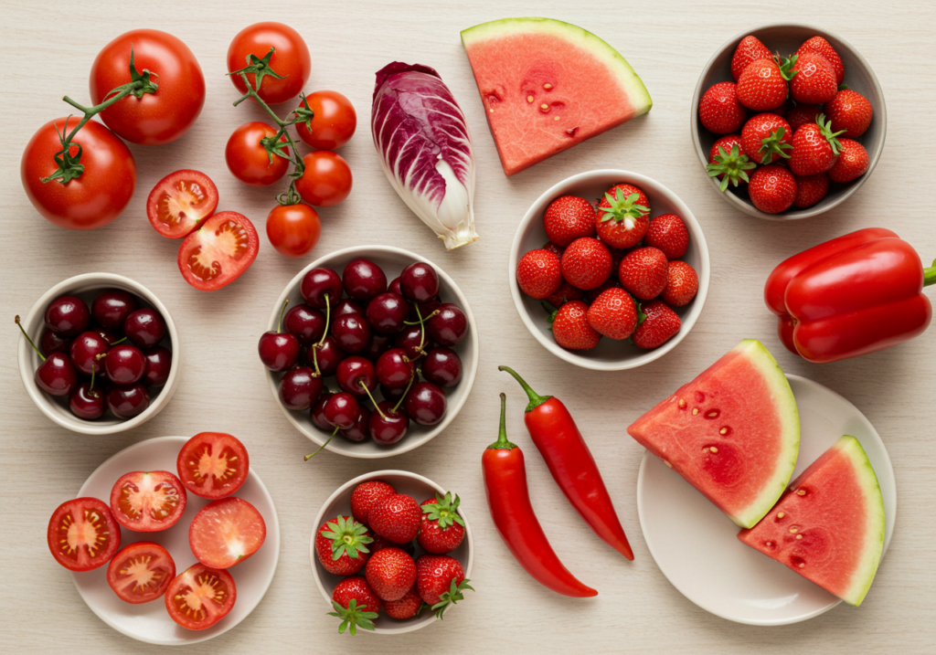 Frutta e verdura rossa d'estate: pomodori, anguria, ciliegie e peperoni ricchi di antiossidanti