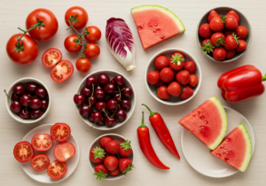 Frutta e verdura rossa d'estate: pomodori, anguria, ciliegie e peperoni ricchi di antiossidanti