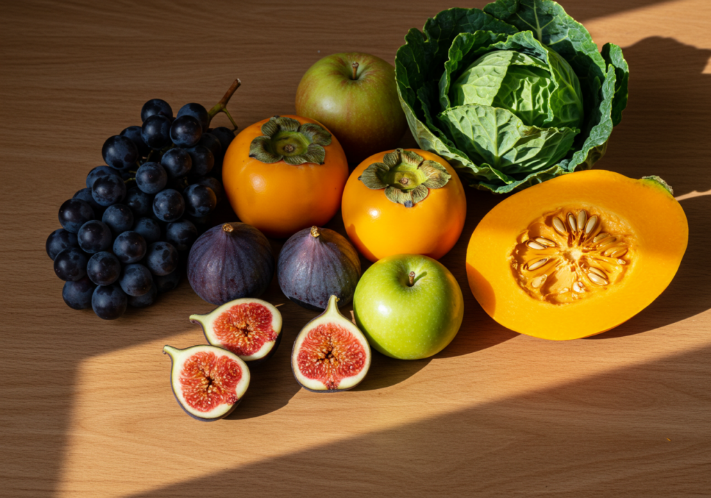 Frutta e verdura di stagione a settembre: uva, fichi, mele, cachi e zucca su tavolo di legno