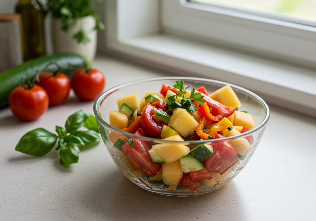 Piatto svuotafrigo estivo con verdura e frutta fresca avanzata pronta per una nuova ricetta