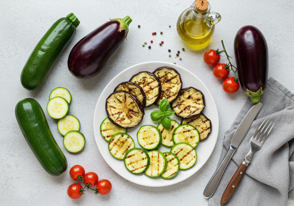 Zucchine e melanzane grigliate su un piatto in una cucina luminosa, ricette estive veloci