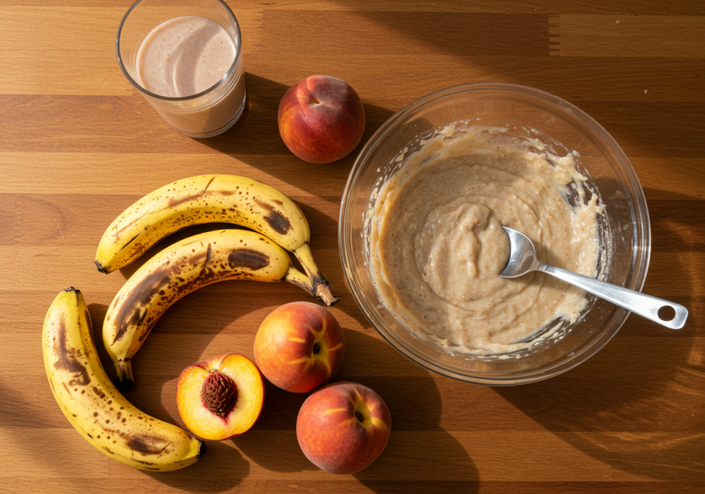 Banane mature e pesche molli su tavolo di legno con impasto e frullato, ricette anti-spreco