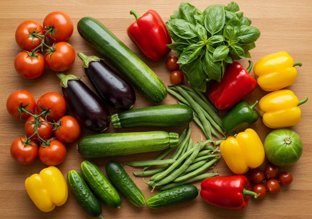 Verdure di agosto fresche di stagione: pomodori, zucchine, melanzane e peperoni su tavolo di legno