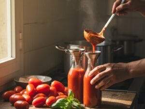 Mani versano passata di pomodoro fatta in casa in bottiglie di vetro, con pomodori maturi e basilico