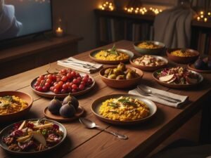 Tavola di cene di settembre a tema cinema con prodotti freschi di stagione, luce serale calda