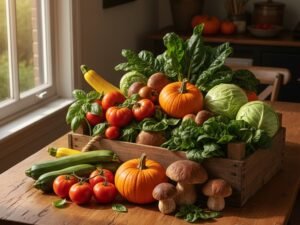 Cassette di verdura di settembre: zucca, funghi, bietole e ultimi pomodori sul banco