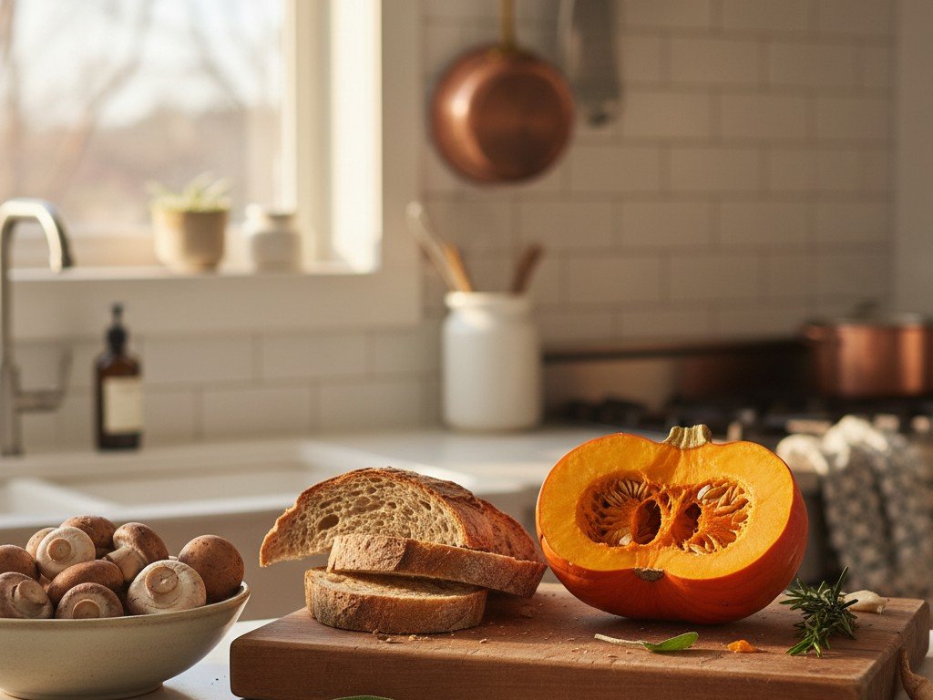 Mezza zucca, funghi freschi e pane raffermo su un tagliere in cucina, pronti per ricette antispreco d'autunno