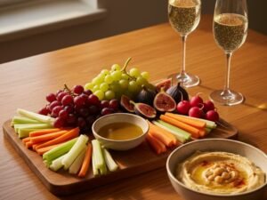 Tagliere per aperitivo in casa con uva, fichi, verdure in pinzimonio e hummus, luce serale calda