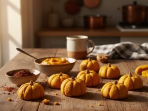 Biscotti di Halloween a forma di zucca colorati solo con purea di zucca vera, su tavolo di legno con luce d'autunno