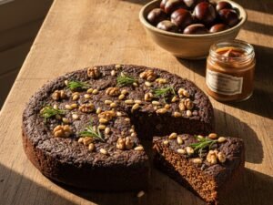Castagnaccio con pinoli e rosmarino accanto a un vasetto di crema di castagne e marroni freschi