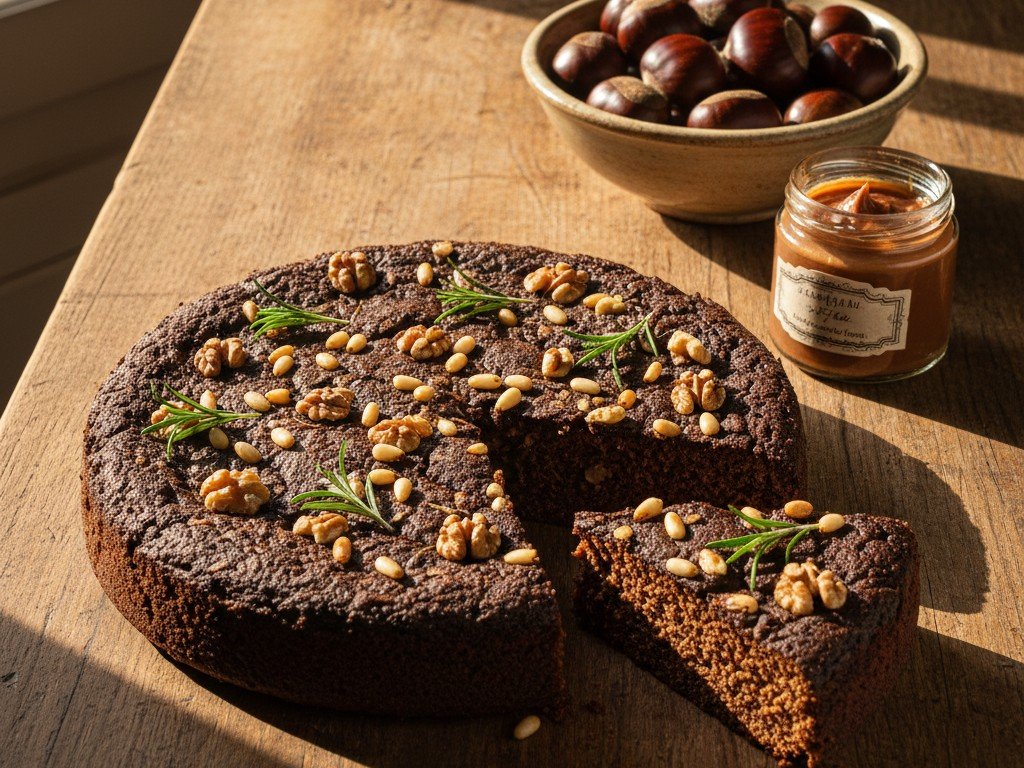 Castagnaccio con pinoli e rosmarino accanto a un vasetto di crema di castagne e marroni freschi