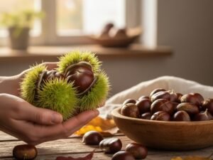 Castagne fresche col taglio a croce pronte da cuocere accanto a una ciotola di legno, luce mattutina