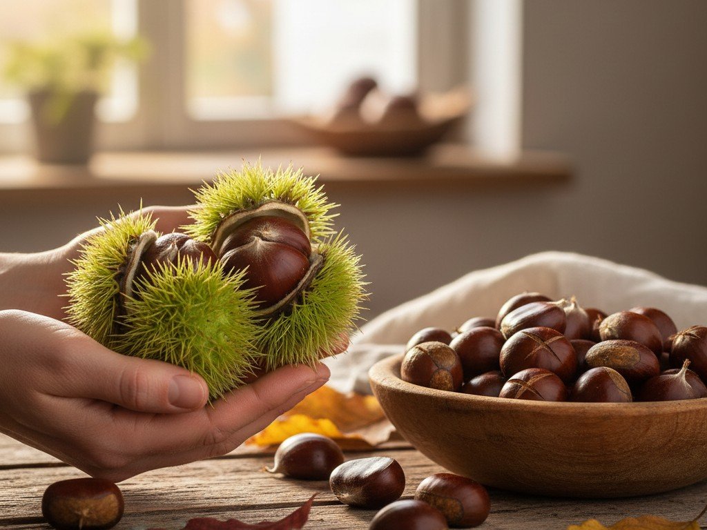 Castagne fresche col taglio a croce pronte da cuocere accanto a una ciotola di legno, luce mattutina