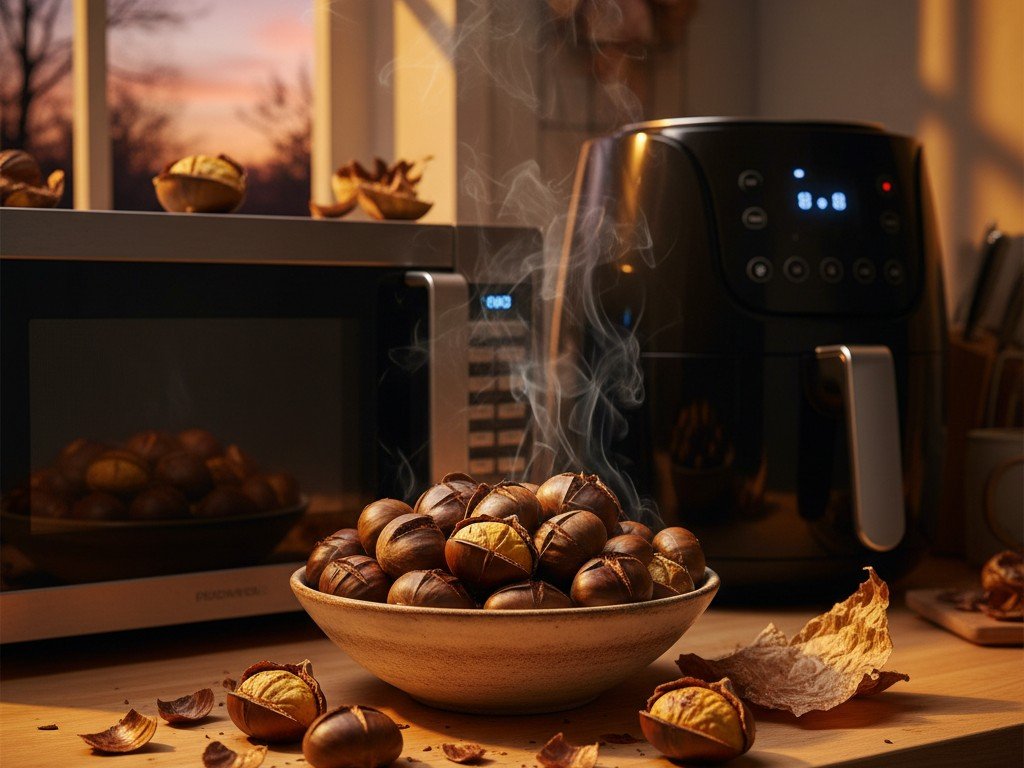 Castagne cotte in casa con microonde e friggitrice ad aria, alcune aperte, su piano di legno chiaro