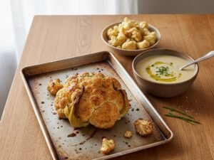 Cavolfiore arrosto intero dorato, crema di cavolfiore e cimette in pastella su un tavolo di legno
