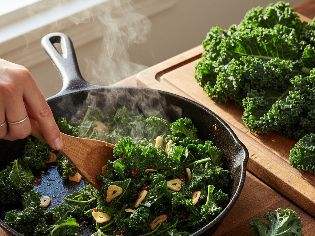 Cavolo nero saltato in padella con aglio e foglie crude sul tagliere, pronto per le ricette d'autunno
