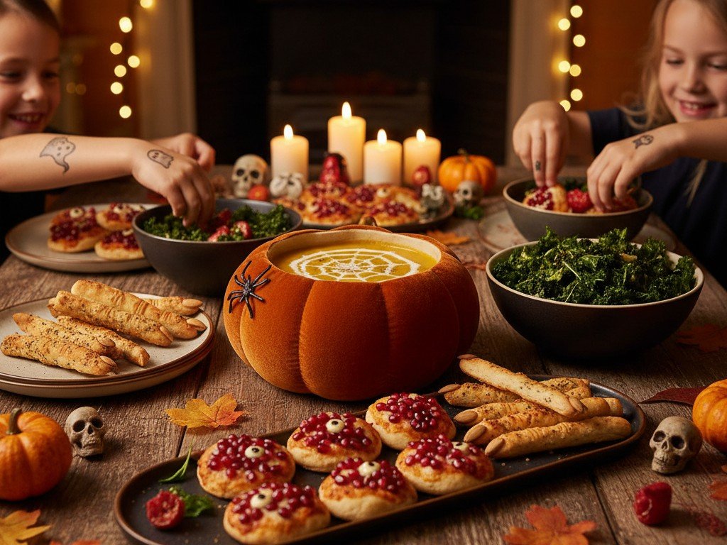 Tavola di Halloween in famiglia con vellutata di zucca, pizzette con melograno e chips di cavolo nero