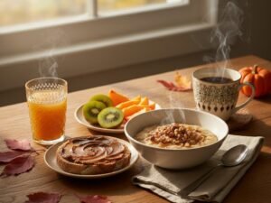 Colazione autunnale della domenica: porridge di mele, kiwi, cachi, pane con crema di castagne e spremuta di clementine