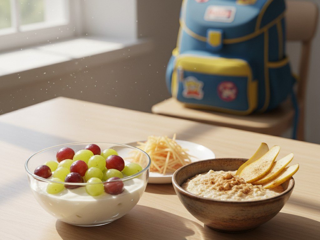 Colazione veloce con yogurt e uva, porridge con pere e mela grattugiata accanto a uno zaino di scuola