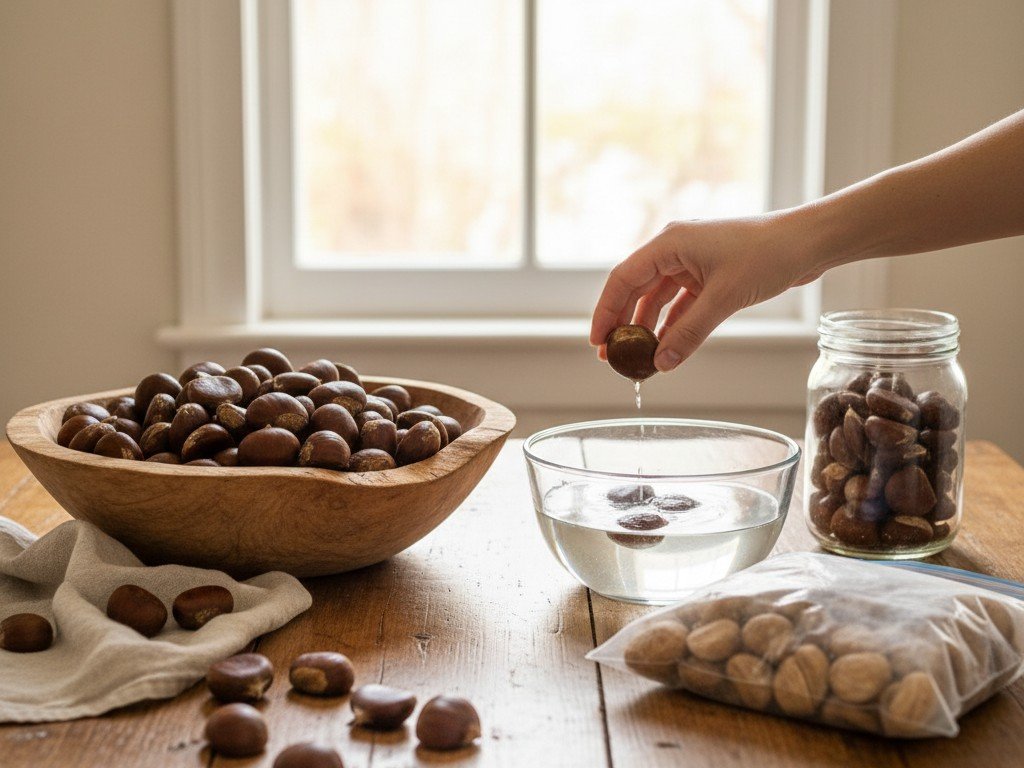 Castagne fresche, la prova dell'acqua, un barattolo di castagne secche e un sacchetto per il freezer su un tavolo di legno