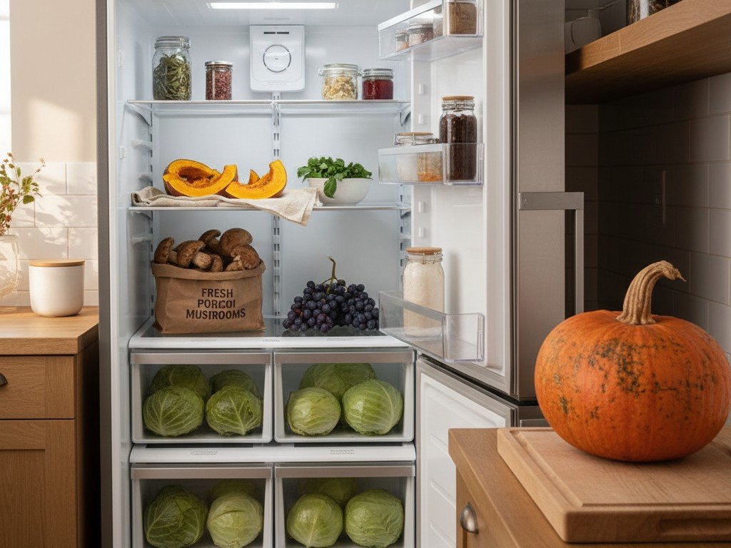 Frigo d'autunno organizzato con zucca, funghi, uva e cavoli conservati correttamente