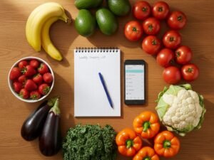 Lista della spesa settimanale accanto a frutta e verdura fresca ordinate su un tavolo di legno