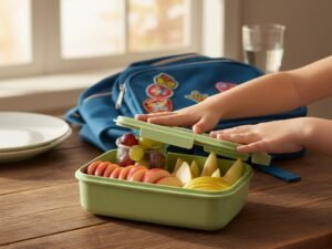 Frutta tagliata in un porta-snack accanto allo zaino di scuola, pronta per la ricreazione