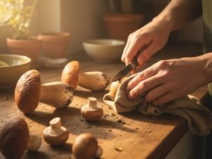 Mani che puliscono funghi freschi con coltellino e panno umido su un tagliere di legno