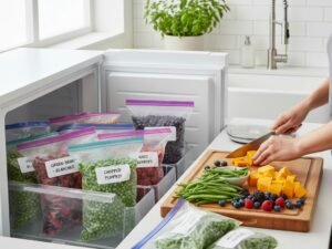 Cassetto del congelatore con sacchetti etichettati di verdure sbollentate e frutta accanto a verdura fresca da porzionare