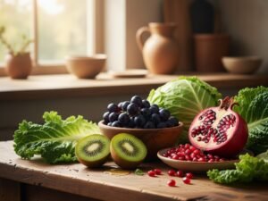 Kiwi, uva, melograno e cavolo su un tavolo: frutta e verdura per le difese immunitarie