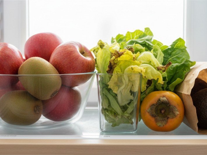 Cassetto del frigo con mele e kiwi separati dall'insalata e un sacchetto con caco e avocado che maturano