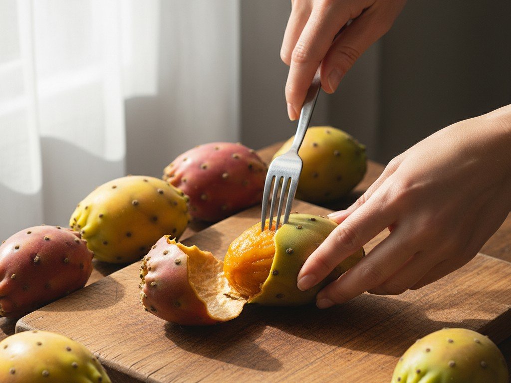 Fichi d'India sbucciati con forchetta e coltello su tagliere, polpa arancione e frutti gialli e rossi interi