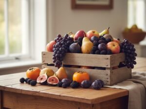 Uva, fichi, pere, mele, prugne e primi cachi: la frutta di settembre su un tavolo di legno