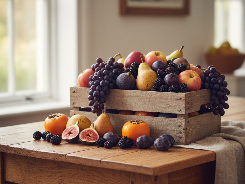 Uva, fichi, pere, mele, prugne e primi cachi: la frutta di settembre su un tavolo di legno