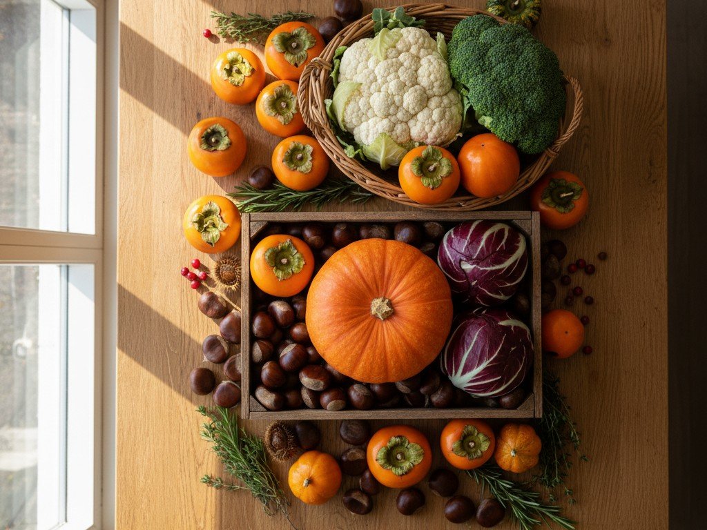 Zucca, castagne, cachi, cavolfiori, broccoli e radicchio: frutta e verdura di stagione a ottobre in cassette di legno