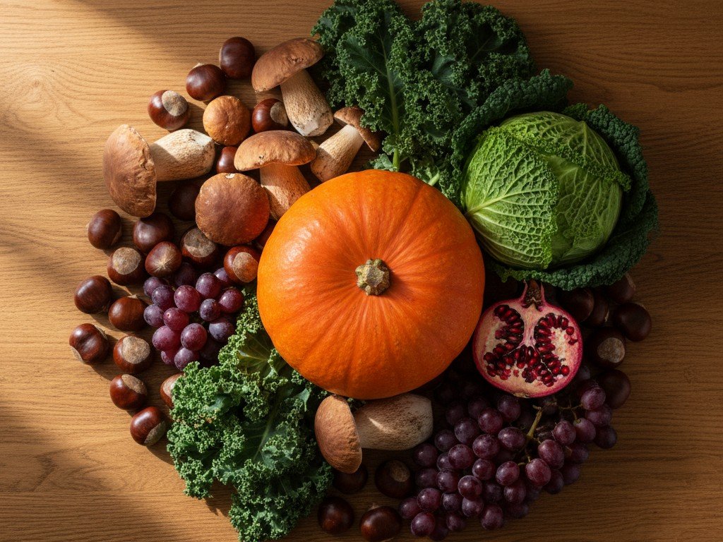 Spesa d'autunno su tavolo di legno: zucca, funghi, castagne, melograno, cavoli e uva