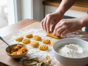 Gnocchi di zucca fatti in casa modellati a mano su una spianatoia infarinata con zucca arrostita