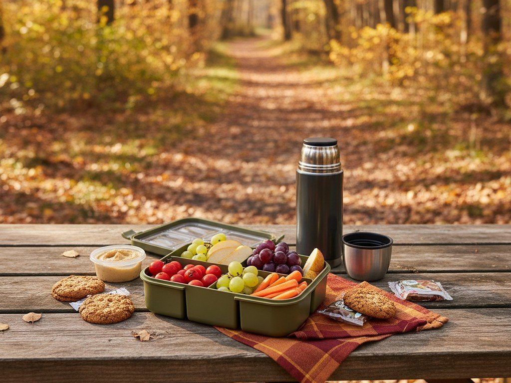 Pranzo al sacco d'autunno all'aperto: frutta e verdura fresche in un porta-pranzo su tavolo di legno