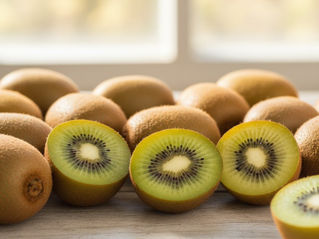 Kiwi verdi e gialli interi e tagliati a metà su un tavolo di legno con luce del mattino