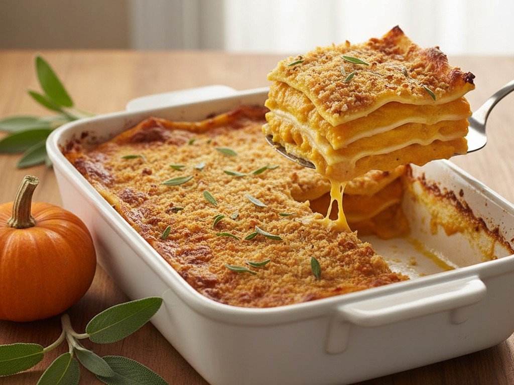 Teglia di lasagne alla zucca gratinate con una porzione sollevata che mostra gli strati di crema di zucca